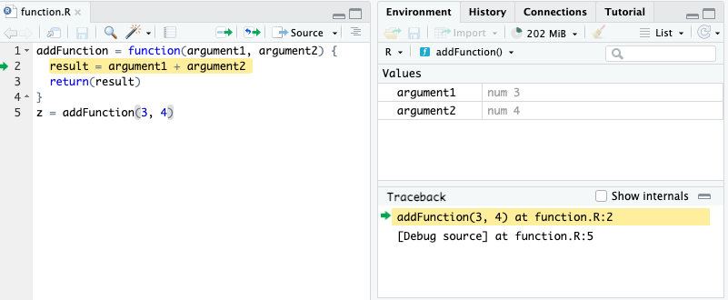 We call the function, and the function arguments 3, 4 are assigned to argument1 and argument2, respectively in the function’s local environment.