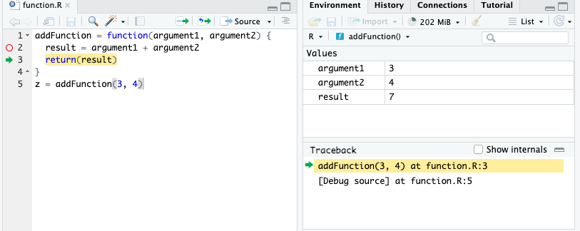 We run the first line of code in the function body. The new variable “result” is stored in the local environment because it is within { }.