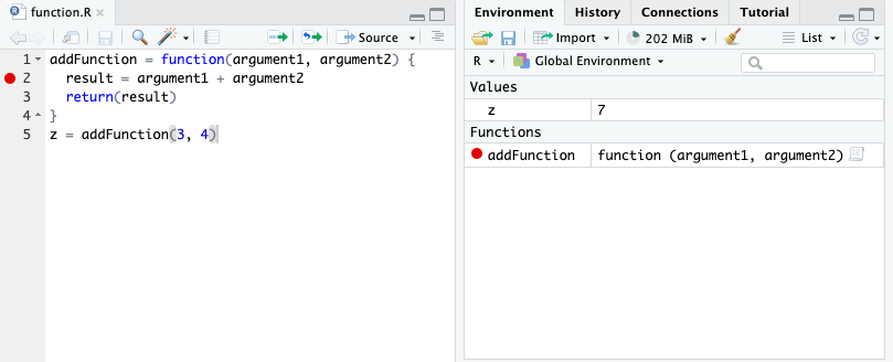 We run the second line of code in the function body to return a value. The return value from the function is assigned to the variable z in the global environment. All local variables for the function are erased now that the function call is over.