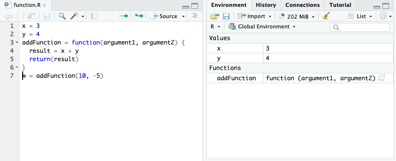 We define the variables and function in the global environment.