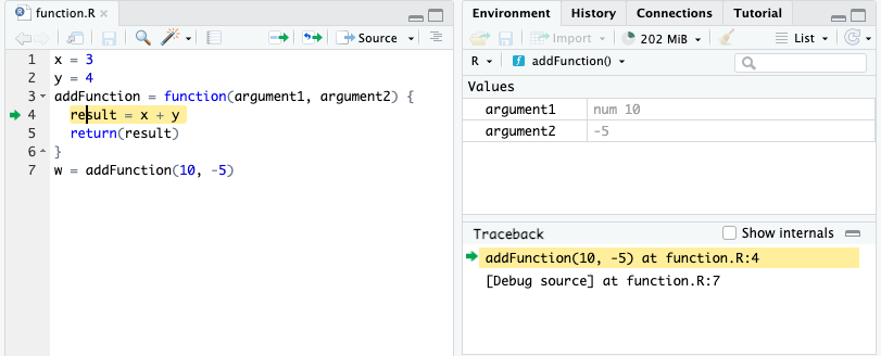 We call the function, and the function arguments 10, -5 are assigned to argument1 and argument2, respectively in the function’s local environment.