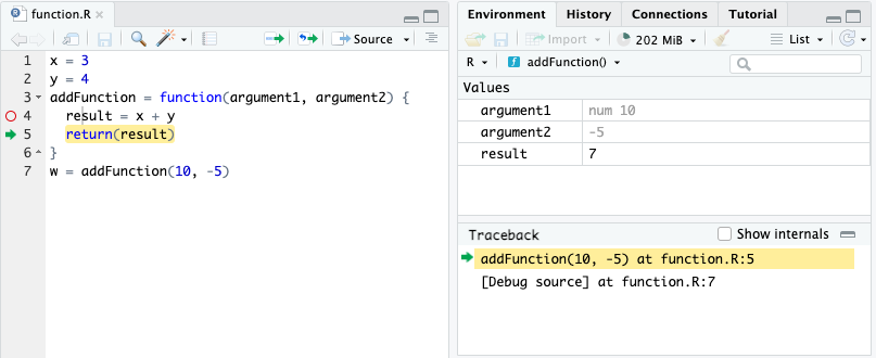 We run the first line of code in the function body. The new variable “result” is stored in the local environment because it is within { }.