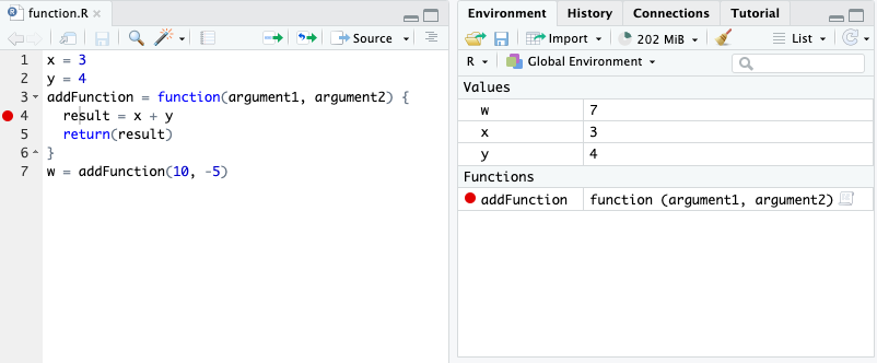 We run the second line of code in the function body to return a value. The return value from the function is assigned to the variable w in the global environment. All local variables for the function are erased now that the function call is over.