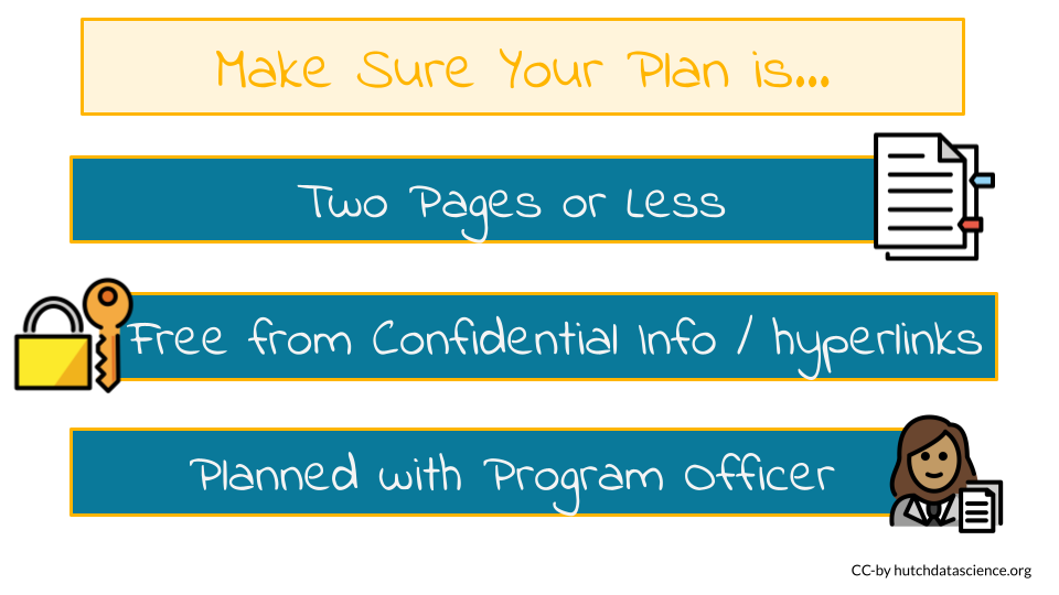 When writing the plan, ensure it is less than 2 pages long, contains no confidential information, and has been planned out carefully, contacting the program officer if necessary.