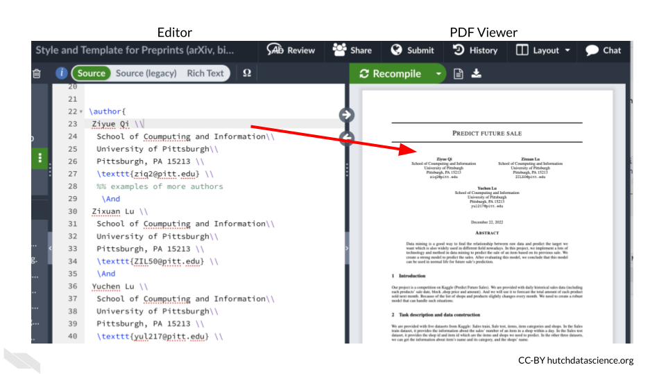 The default view in Overleaf is to have raw text shown on the left, while the compiled text is shown on the right.