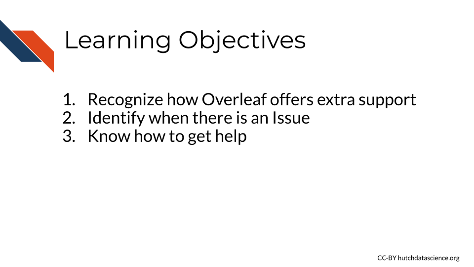 Learning Objectives:1. Recognize how Overleaf offers extra support, 2. Identify when there is an Issue, 3.Know how to get help