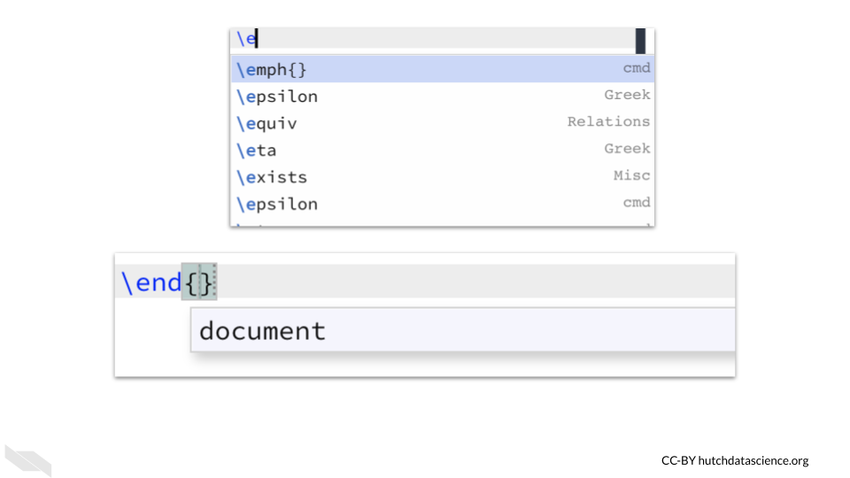 Overleaf makes code suggestions based on what you have already typed. You can click the suggestion to autocomplete your code.