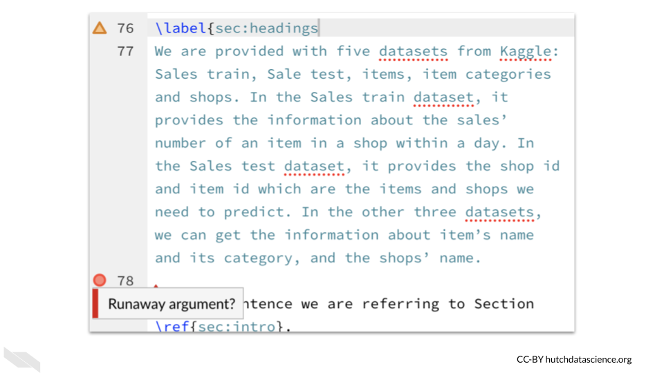 An image of code with an error circle at the next line and a warning triangle at the previous line.