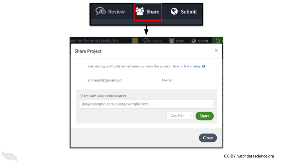 The share button allows you to share your project similar to a Google doc.