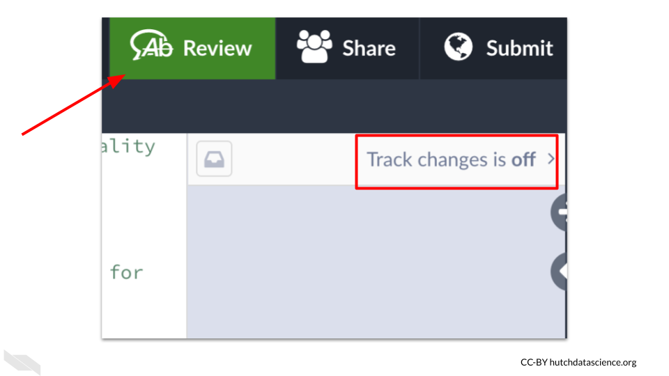 Image of where to turn track changes on and off once the Review button has been pressed.