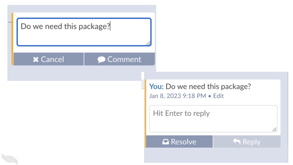 Image of verifying an example comment and then the result of creating a comment that can be edited, responded to, or resolved.