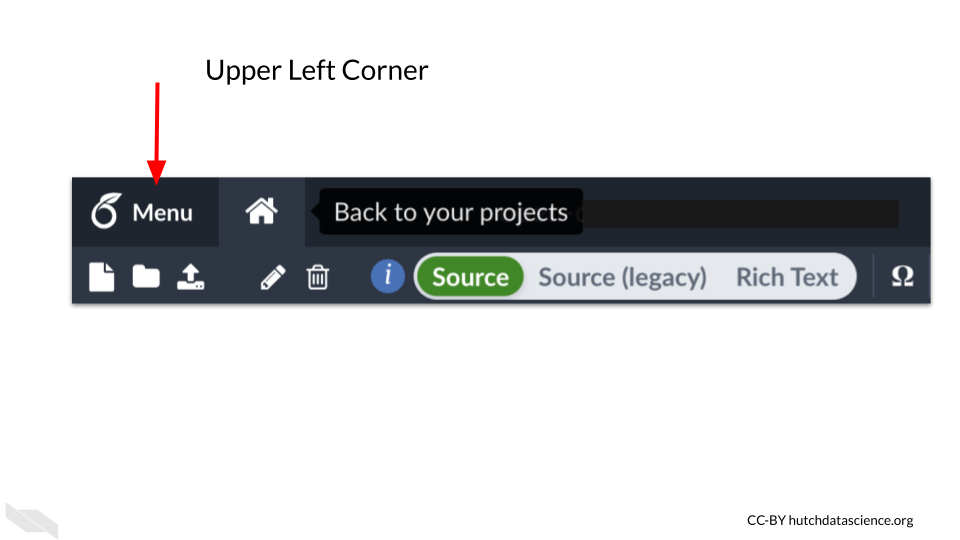 The Overleaf menu button to go to the main menu if you are in a project.