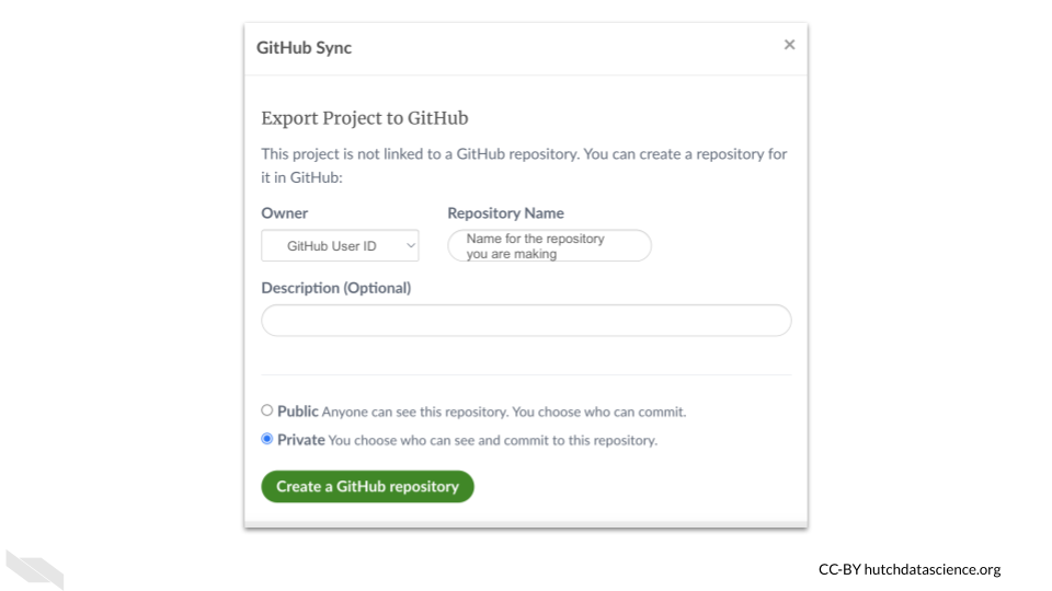 Popup when exporting a project to GitHub.
