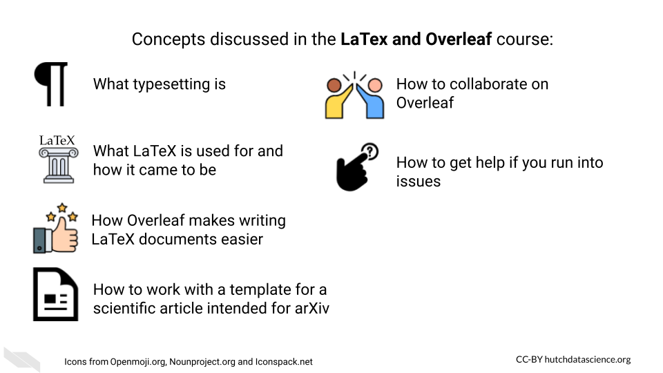 Concepts covered in this course are: 1. What typsetting is, 2. What LaTeX is and how it came to be, 3. How Overleaf makes writing LaTeX documents easier, 4. How to work with a template for a scientific article intended for arXiv, 5. How to collaborate on Overleaf, 6. How to get help if you run into issues