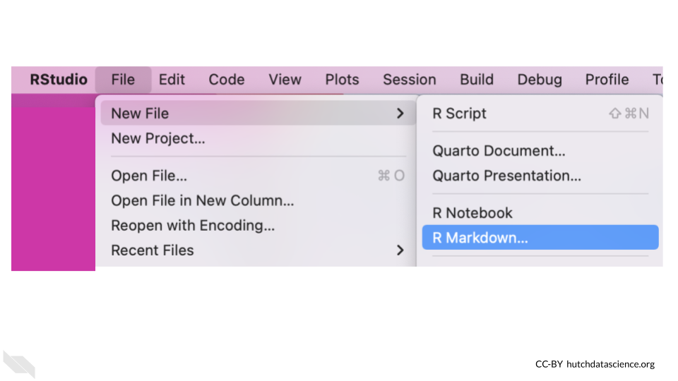 Creating an R Markdown file in RStudio by selecting File, New File, R Markdown.