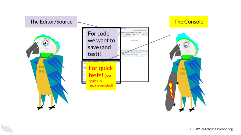 The Editor in the top left, also called source, is where we write code we want to save. The lower left is the Console where we do quick tests of our code.