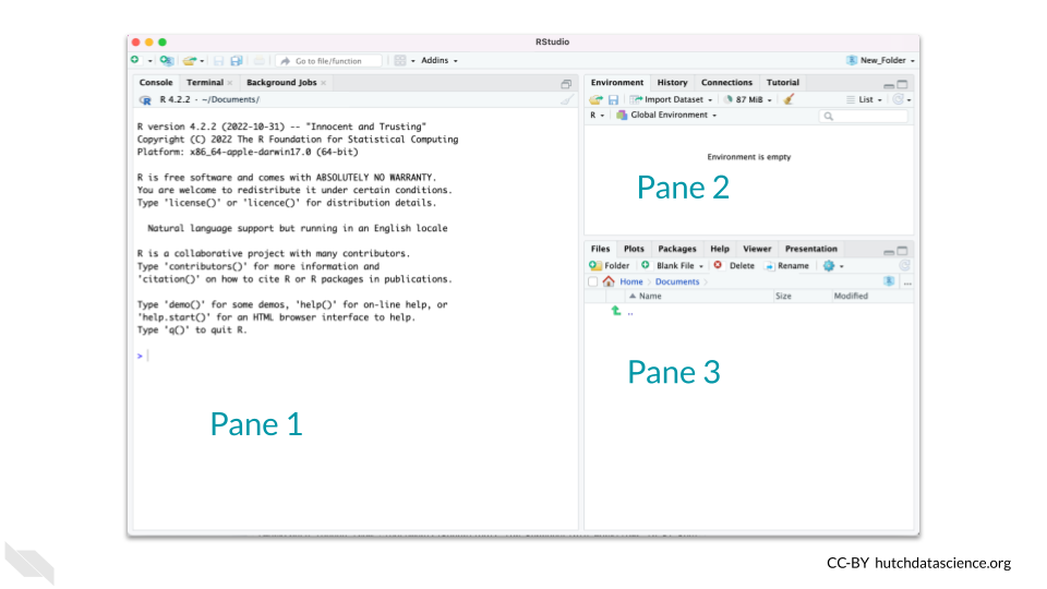 When RStudio is first opened you will see 3 panes
