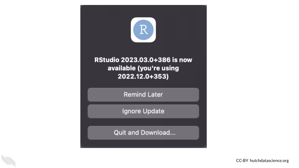 Popup indicating that you could update RStudio.