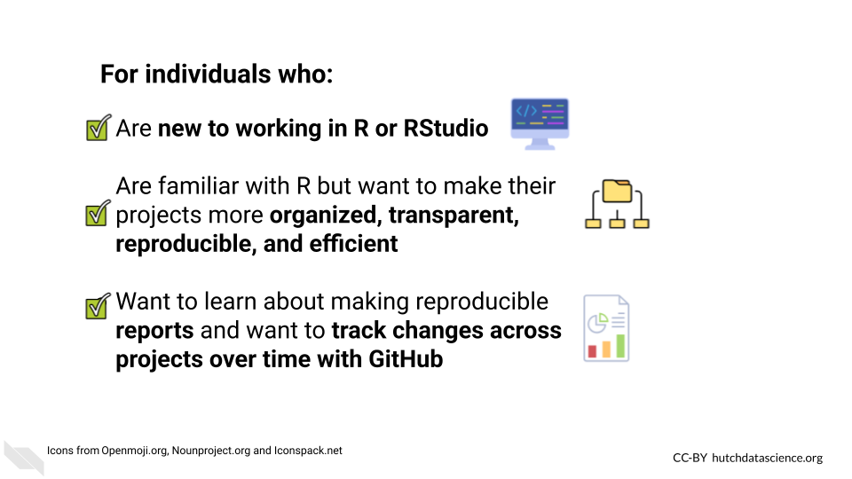 For individuals who: Are new to working in R or RStudio, are familiar with R but want to make their projects more organized, transparent, and reproducible, want to learn about making reproducible reports and want to track changes across projects over time with GitHub