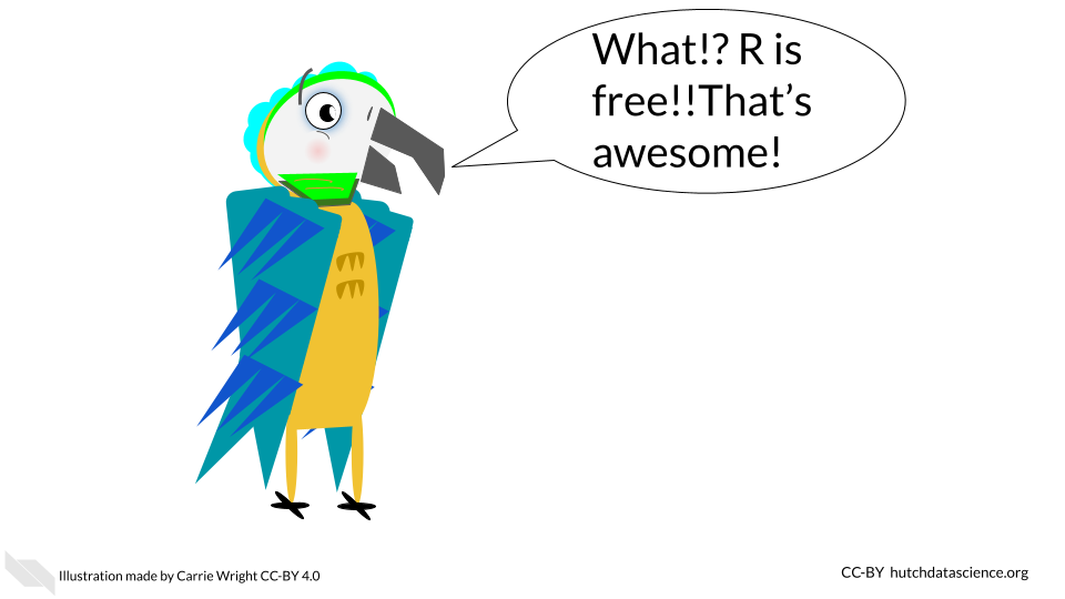 Cartoon of parrot saying: What!? R is free!! That's awesome!