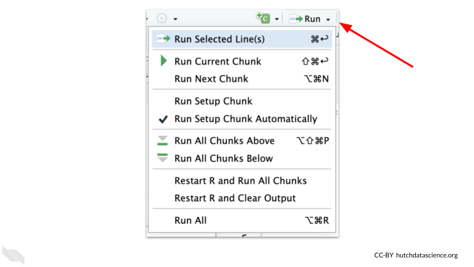 The chunk run menu allows you to run all chunks below a chunk.  