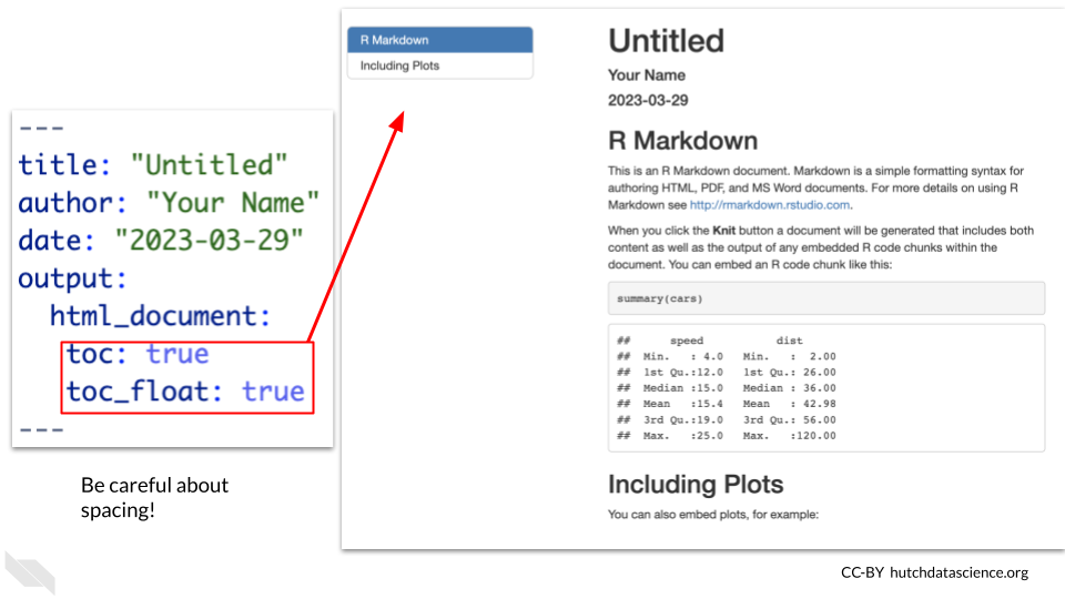 Modifying the YAML can add a table of contents to the R Markdown file report. Headings can be used to navigate.