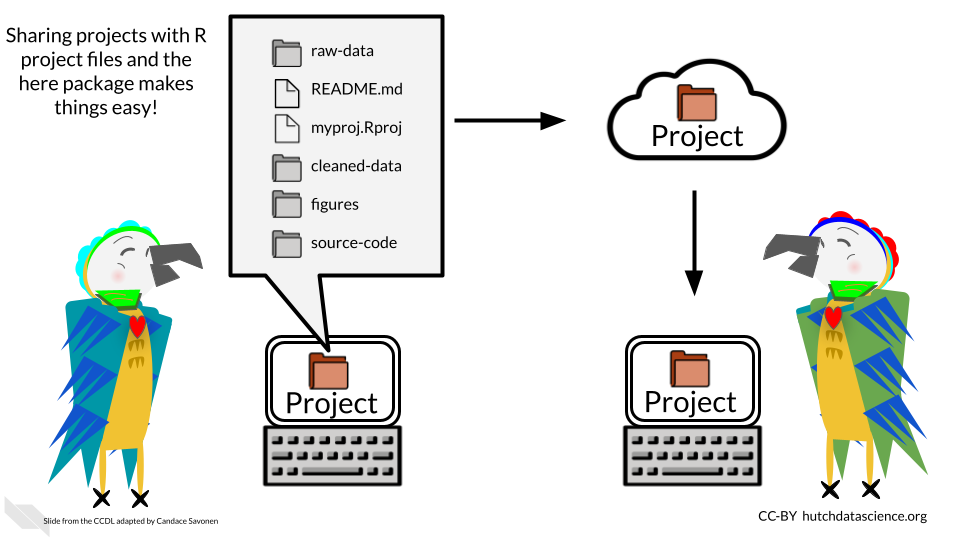 Sharing project files can be much easier if you set up your project with file paths using the here package and create an R project. You can give your entire collection of files to someone else and they can start using your code directly without making changes to paths, as the paths will be relative to your project directory. 