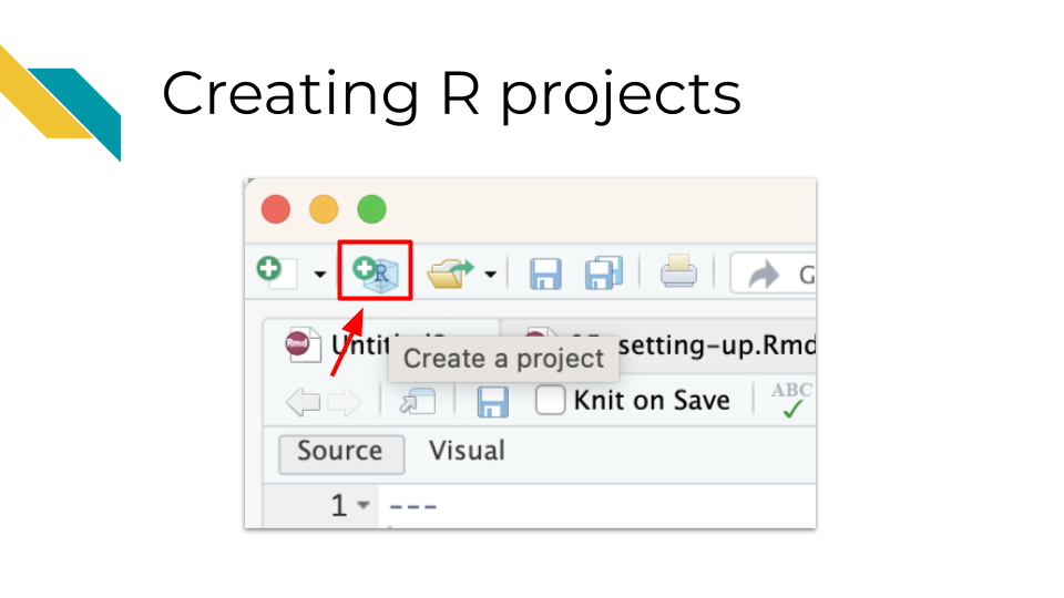 Image showing the R project button which is in the upper left corner one button to the right. You can also use the file tab and click on new project.