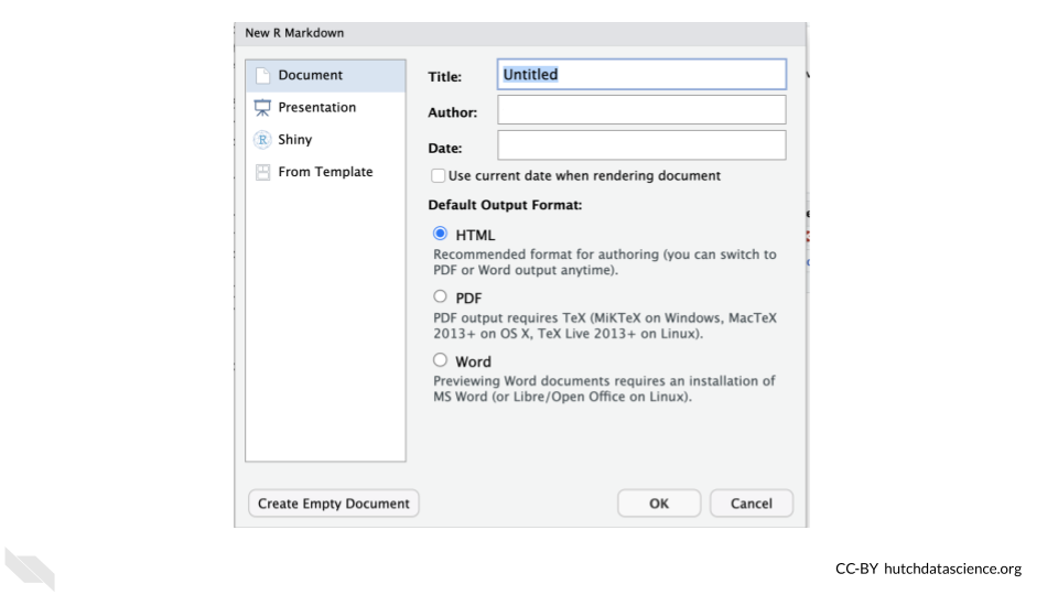 Creating an R Markdown file starts with a pop-up and you can simply click the OK button.
