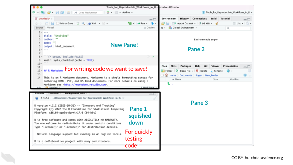 The new pane will open on the upper left and is for writing code we want to save, while the bottom pane is for writing code we want to test.