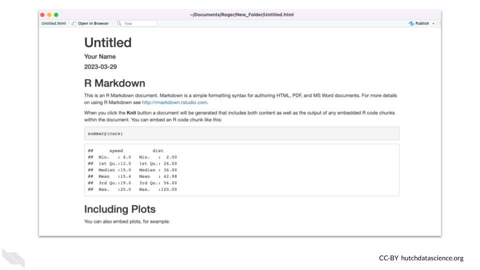 Rendered R Markdown example after pressing the Knit button after making a new R Markdown file.