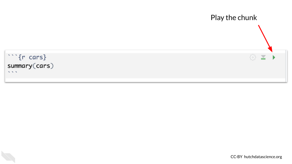 An image of the second R chunk in a new R Markdown file. Importantly there is a green play button that allows you to run the code within the chunk and see a preview of the output.