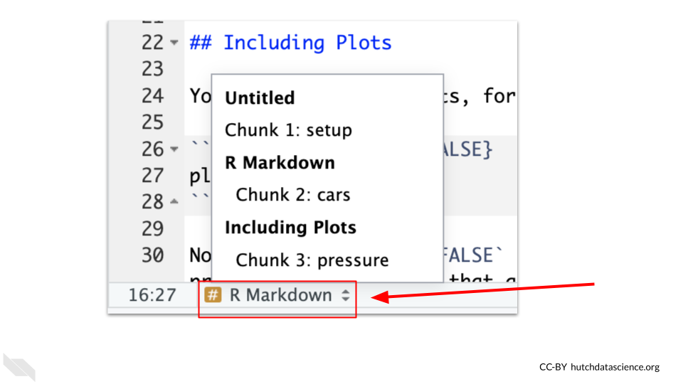 The chunk search menu at the lower left corner of the R Markdown editor allows you to move form one chunk to another more easily.