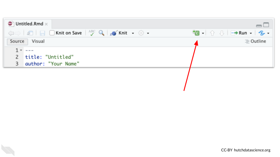 The button to add new chunks is located on the upper right corner of the R Markdown Editor. It looks like a green square with a C in it. 
