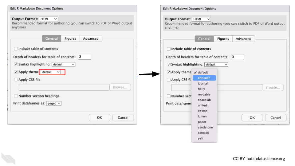Use the dropdown menu next to the Apply theme section to change the theme of your R Markdown report.