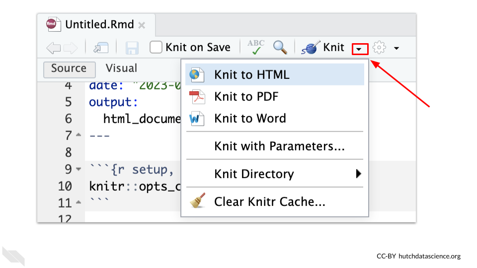 You can render your report as other file types besides html. To do so click on the arrow next to knit button and select a different type. Here you can see that PDF and Word are other options. This will change the YAML code and may add more output information.