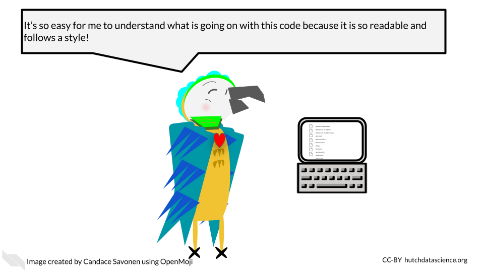 Reproducible parrot is looking at their computer and says ‘It’s so easy for me to understand what is going on with this code because it is so readable and follows a style!’