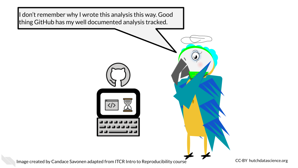 Reproducible parrot is confused and says ‘I don’t remember why I wrote this analysis this way. Good thing GitHub has my well documented analysis tracked. ‘ The parrot’s computer shows code and an hourglass with a GitHub symbol over it.