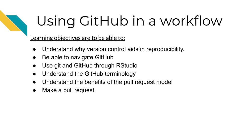 Using GitHub in a workflow Learning objectives are to be able to: Understand why version control aids in reproducibility, Be able to navigate GitHub, Use git and GitHub through RStudio, Understand the GitHub terminology, Understand the benefits of the pull request model, Make a pull request 