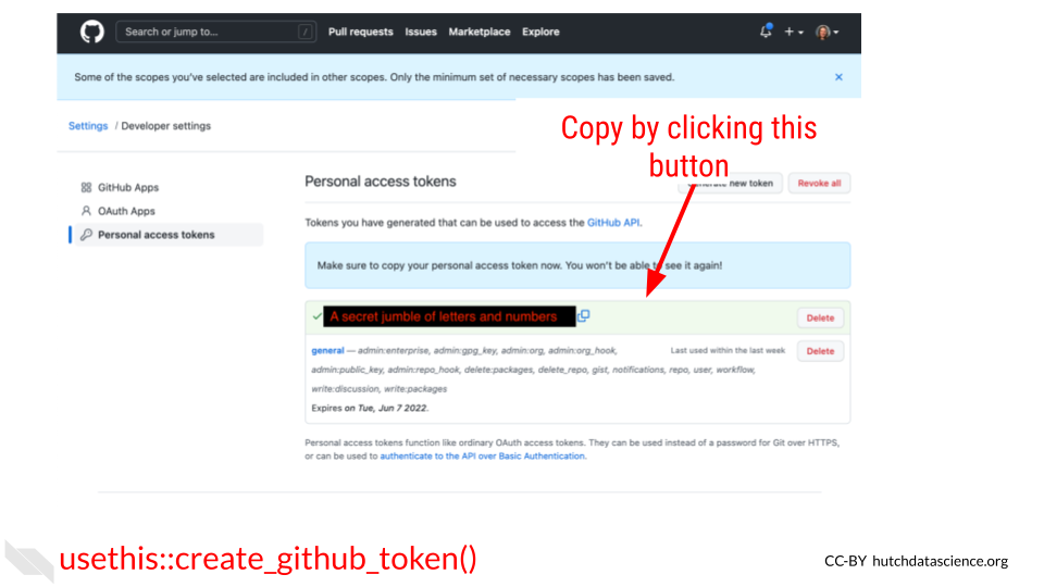After running the usethis::create_github_token() a window from GitHub should open up. Click Generate Toekn button and keep this window handy. Then click the copy symbol (two squares). 
