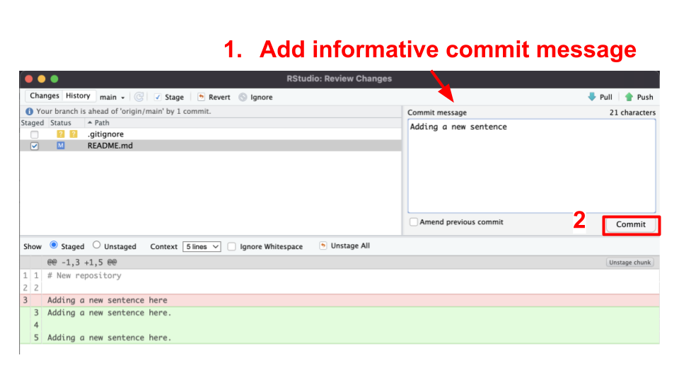 After you click ‘Commit’ a new window should pop up. Green lines indicate added bits while red indicate things that were deleted. We’ll write an informative commit message about the changes we are adding and then click ‘Commit’ again. 