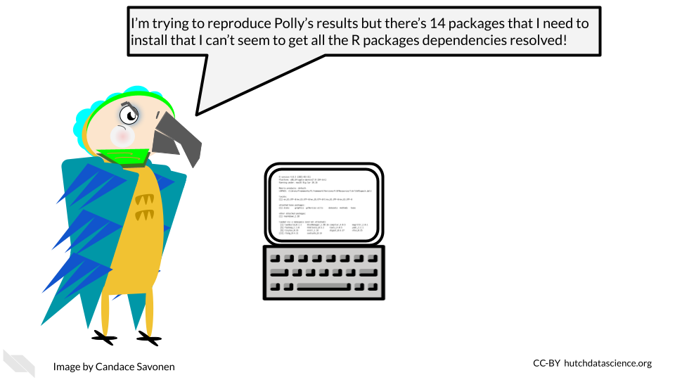 Reproducible parrot is frustrated by their computer and says ‘I’m trying to reproduce Polly’s results but there’s 14 packages that I need to install that I can’t seem to get all the R packages dependencies resolved!’