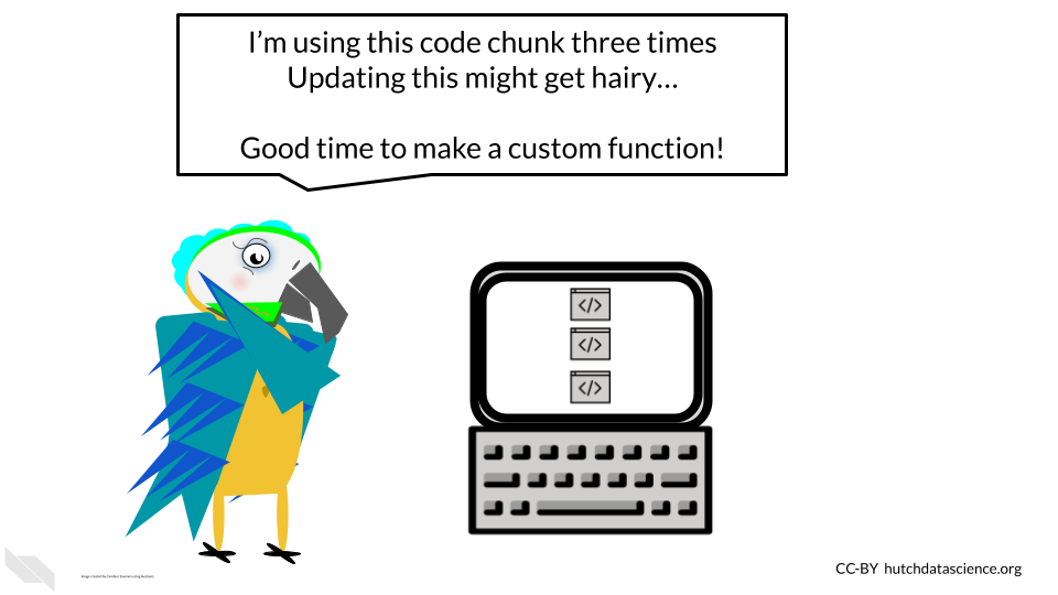 The parrot is saying 'I’m using this code chunk three times. Updating this might get hairy… Good time to make a custom function!' The computer has three identical chunks of code on the screen.