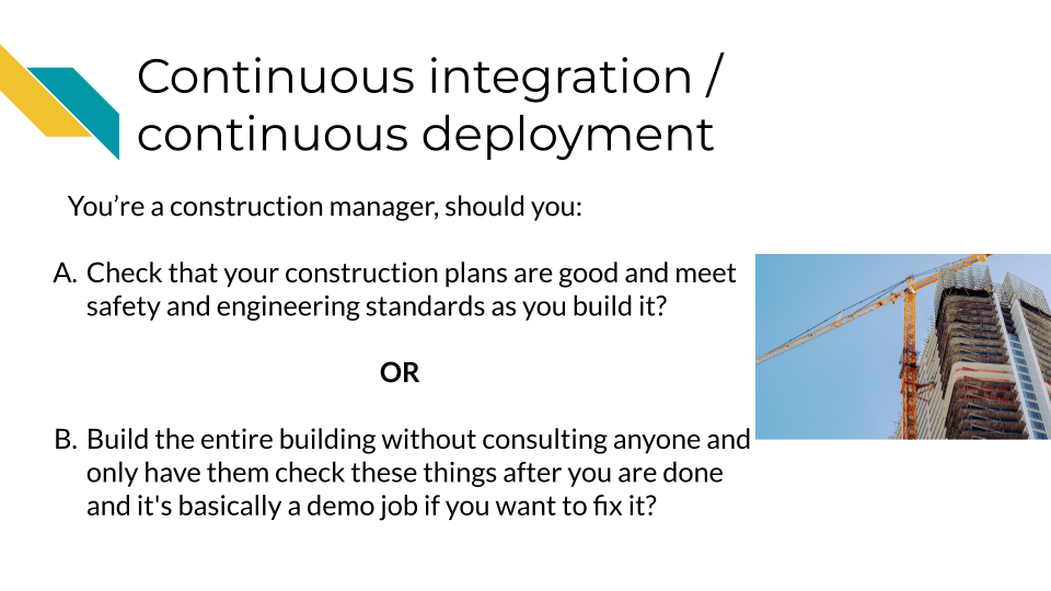 You're a construction manager, should you. Check that your construction plans are good and meet safety and engineering standards as you build it? OR Build the entire building without consulting anyone and only have them check these things after you are done and it's basically a demo job if you want to fix it?