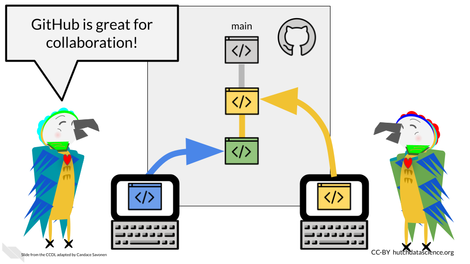 Github and git allow you to collaborate with others on the same files in a way that has a system for merging all the work together. In this diagram it shows how one set of changes labeled in yellow can be merged in with another set of changes labeled in blue. Reproducible parrot is happy and says ‘GitHub and git make it easy for us to collaborate with each other in a way that we can merge our work together!’ His parrot collaborator is also happy.