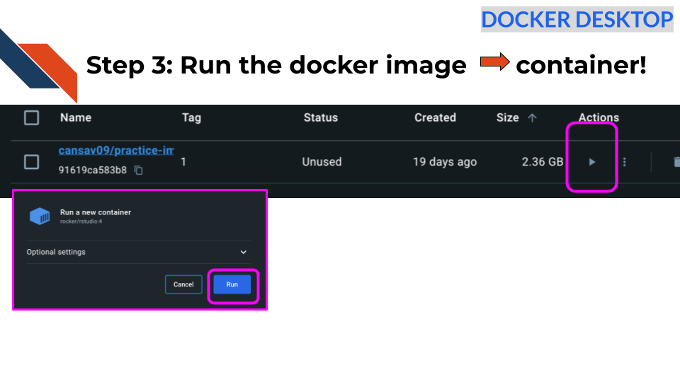 run images using the play button in Docker Descktop
