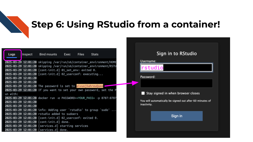 logging into RStudio using this method we need find the password from the log file and use rstudio as the username