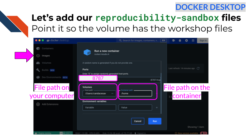 adding a volumne with the files by using the options tab when running an image and specifying locations and a port of 8787:8787 to later us rStudio