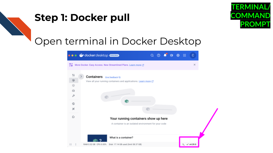 Opening terminal in Docker Descktop with the button in the botton right corner