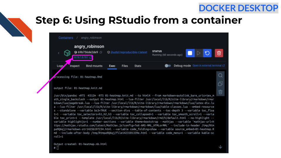 the location of the link to the rstudio port in Docker Desktop at the top left